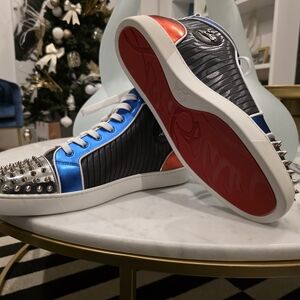 Christian Hi-Top Orlato Flat Louboutin Blue and Red Spiked Sneakers